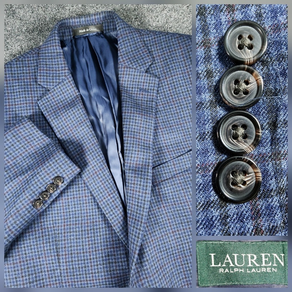Lauren Ralph Lauren Mens 42L Blue Plaid 100% Wool 2-Button Blazer Sport Coat